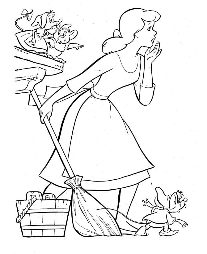 Dibujo de Cenicienta Sosteniendo una Escoba para Colorear