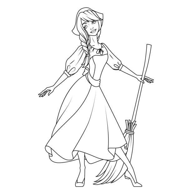 Dibujo de Cenicienta con una Escoba para Colorear