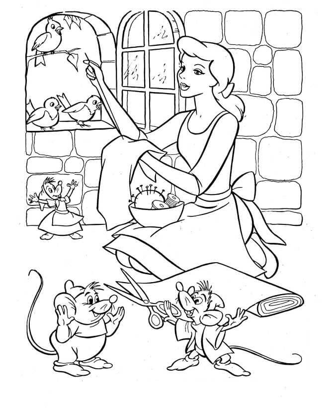 Dibujo de Cenicienta Est Cosiendo para Colorear