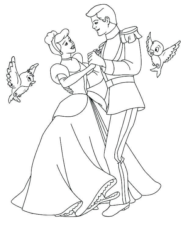 Dibujo de Cenicienta y el príncipe Bailando con Dos pájaros para Colorear