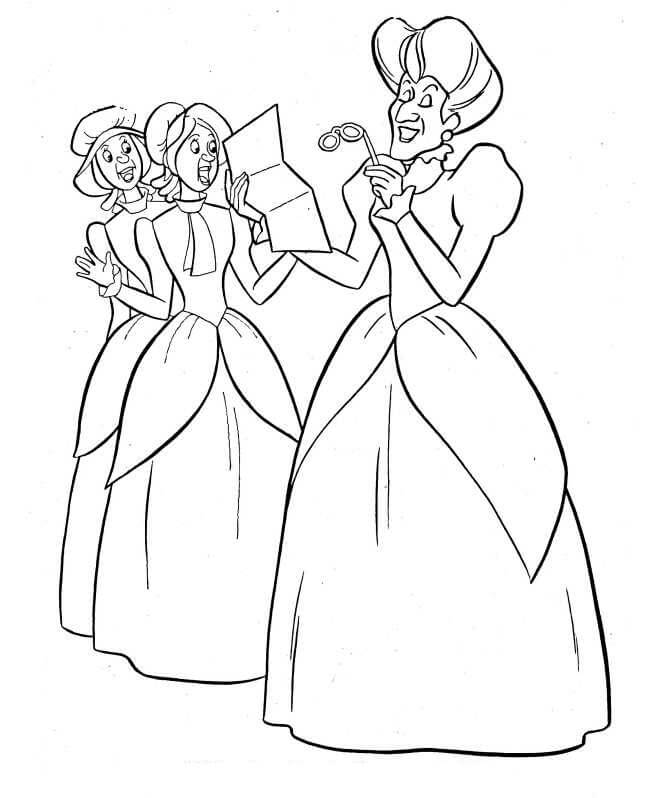 Dibujo de Lady Tremaine y Dos Personajes de Cenicienta para Colorear