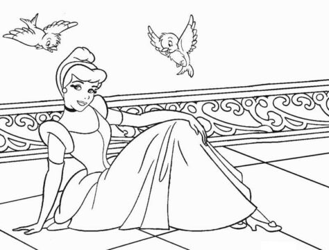 Dibujo de Sentado de Cenicienta y Dos Pjaros para Colorear