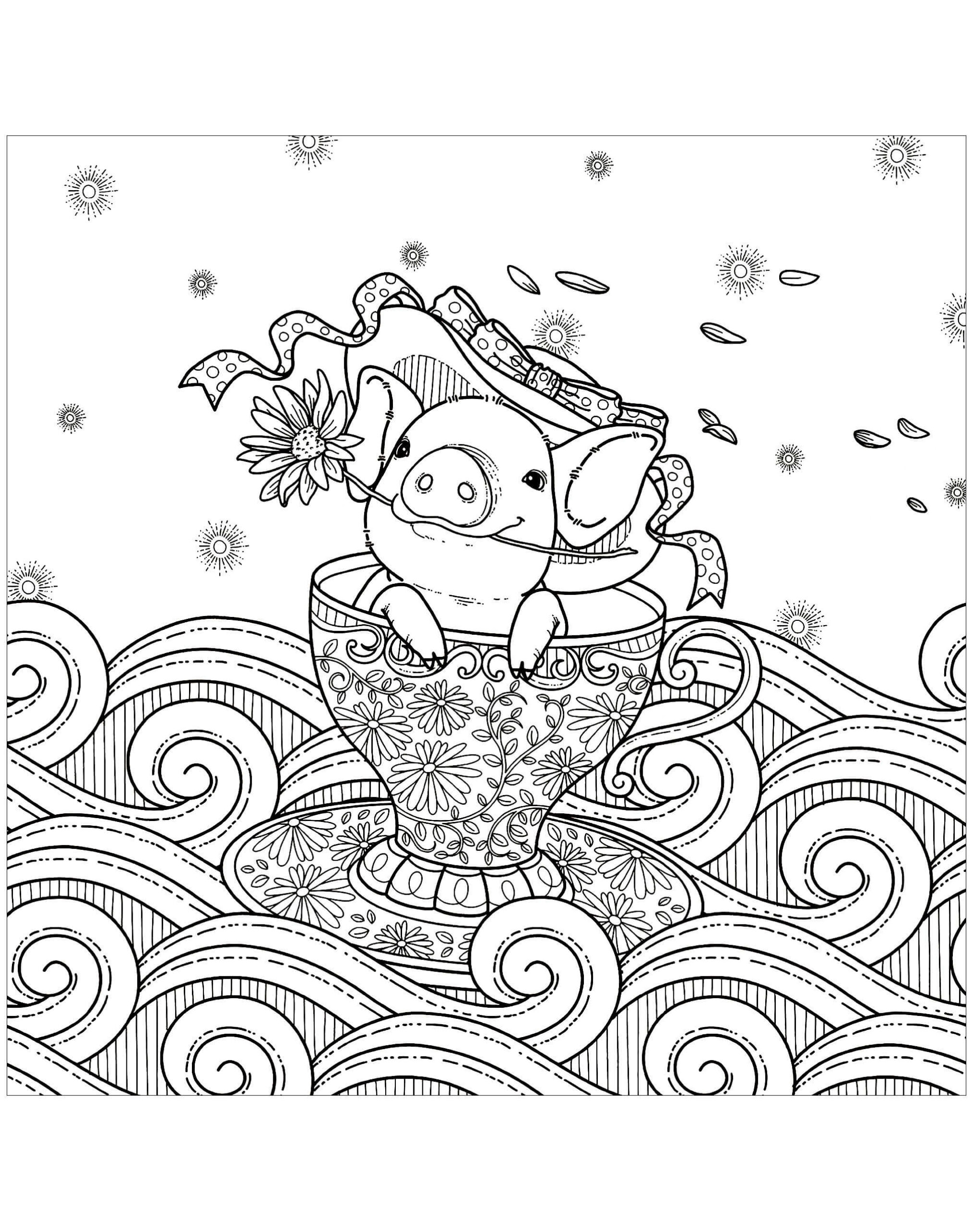 Dibujo de Cerdo Tatuado en una Taza Scaled para Colorear