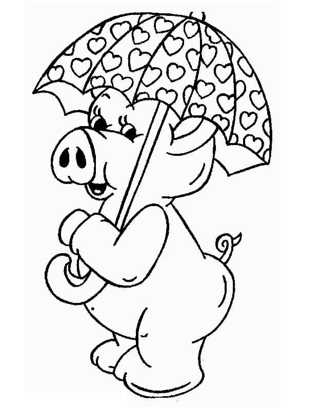 Dibujo de Cerdo con Paraguas para Colorear