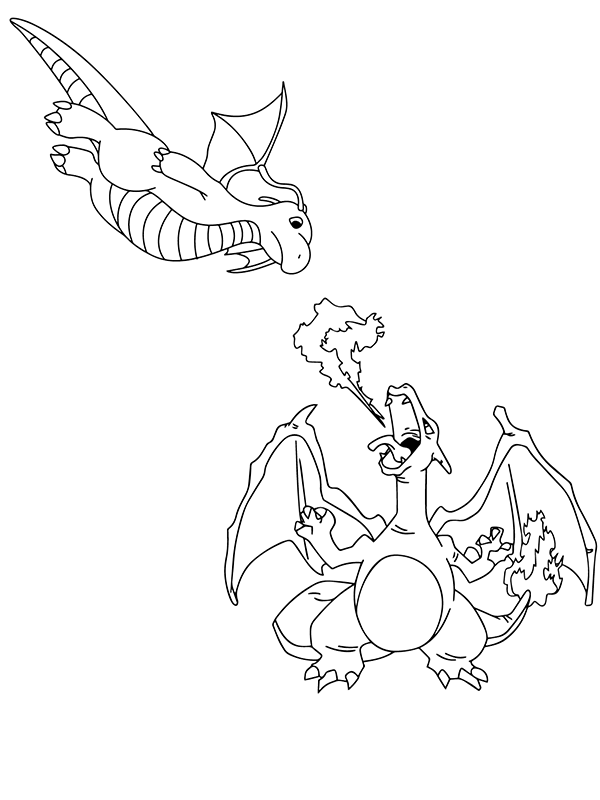 Dibujo de Dragonite And Charizard Fire Breath Coloring Page para Colorear