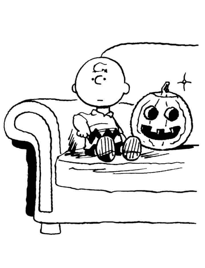 Dibujo de Charlie Brown Sentado y Calabaza para Colorear