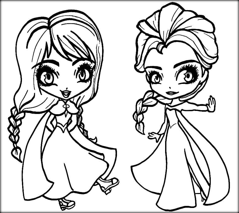 Dibujo de Anna y Elsa Chibi para Colorear