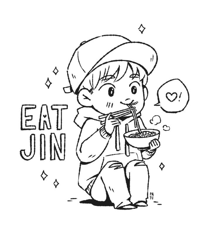 Dibujo de Chibi Jin Comiendo Fideos para Colorear