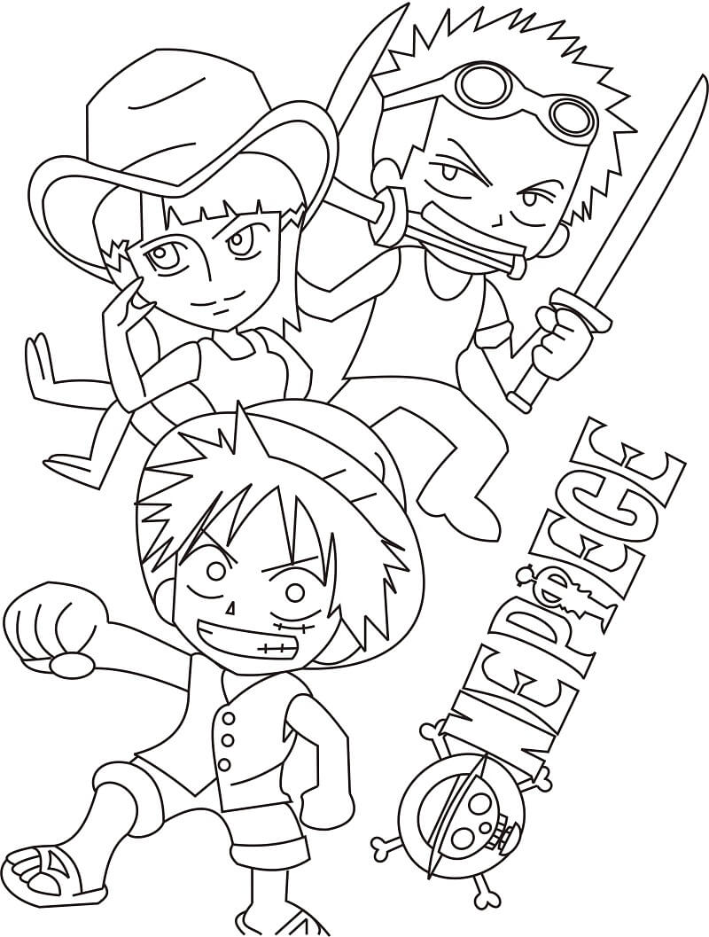 Dibujo de Chibi Zoro Luffy y Robin para Colorear