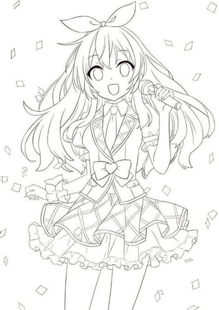 Dibujo de Chica Anime Cantando para Colorear
