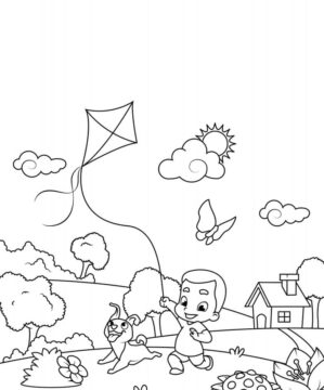 Dibujo de Nio Volando una Cometa con Mariposa para Colorear