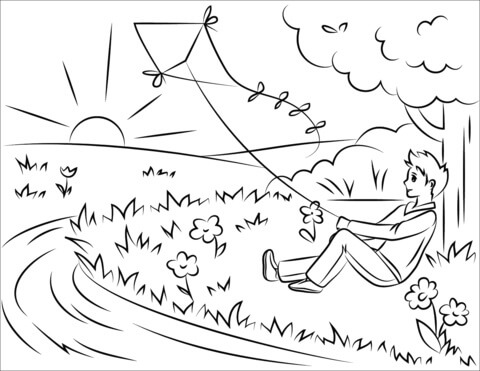 Dibujo de Nio Volando una Cometa para Colorear