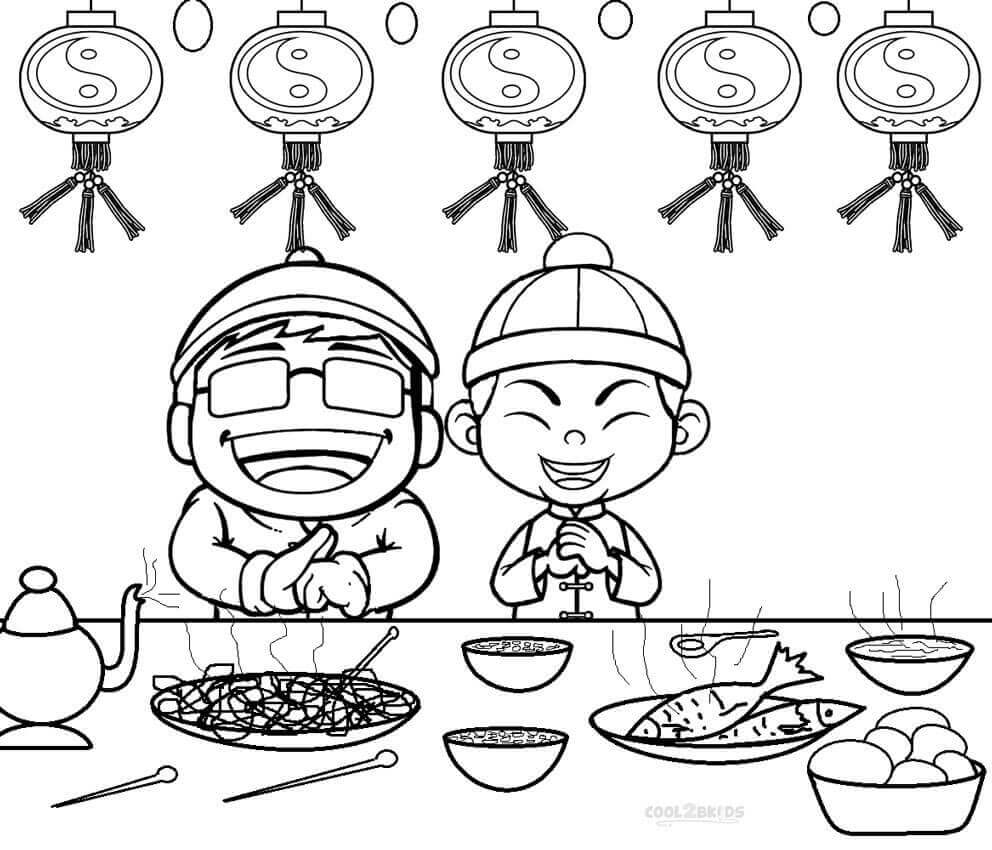 Dibujo de Ao Nuevo Chino con Dos Graciosos para Colorear
