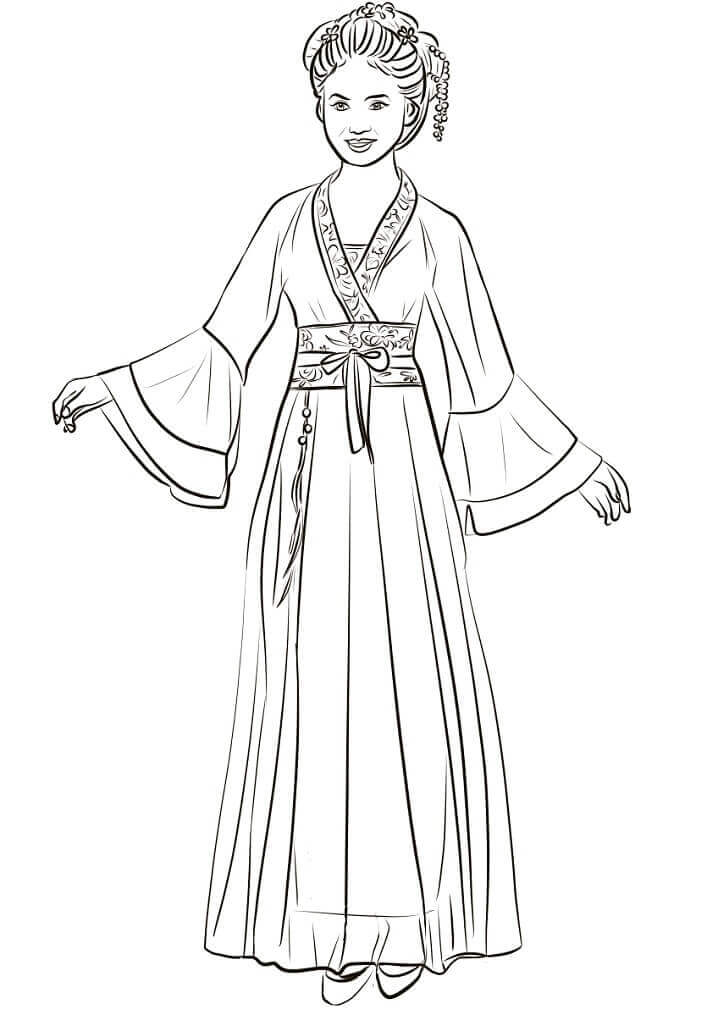 Dibujo de Mujer China en Hanfu Tradicional para Colorear
