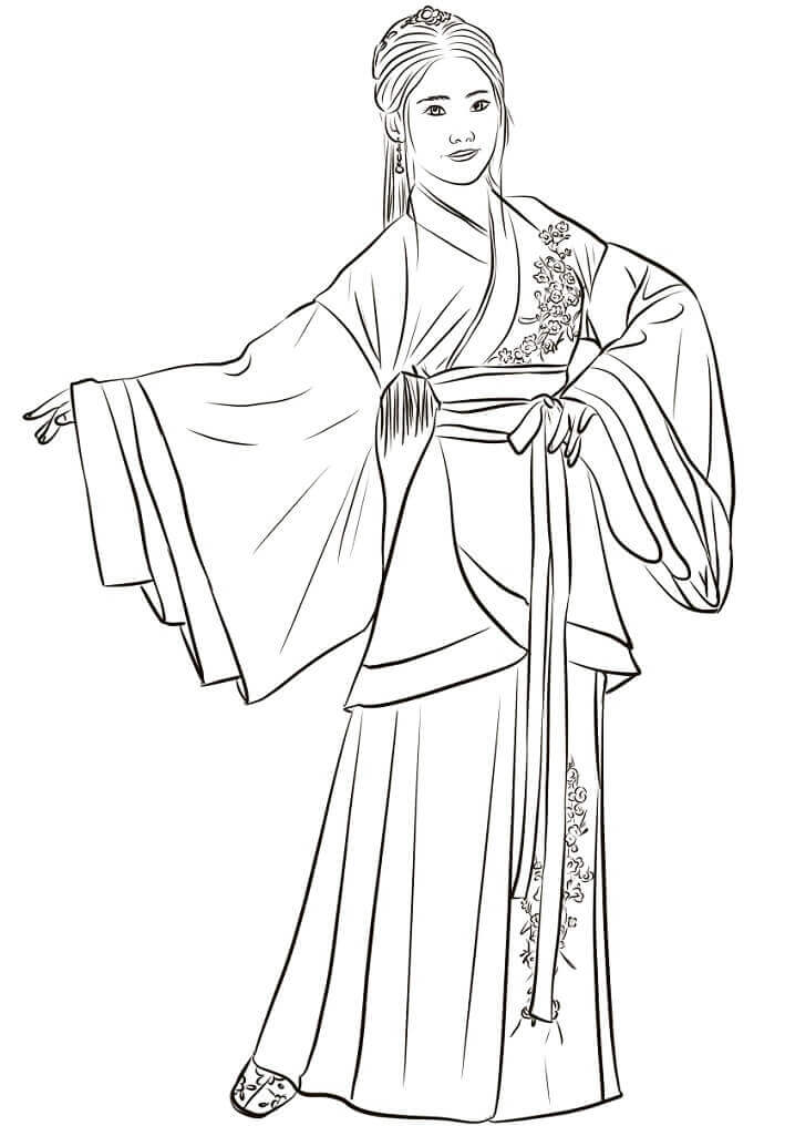 Dibujo de Mujer China en Hanfu para Colorear