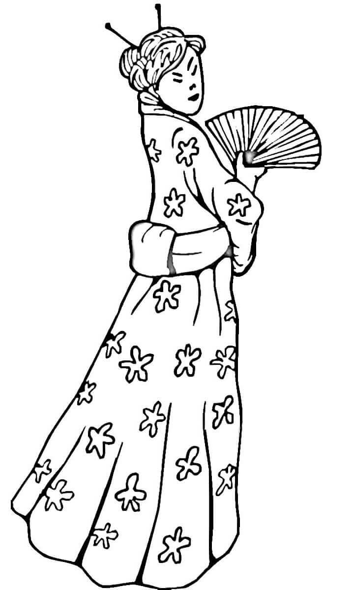 Dibujo de Mujer China en un Vestido Tradicional para Colorear