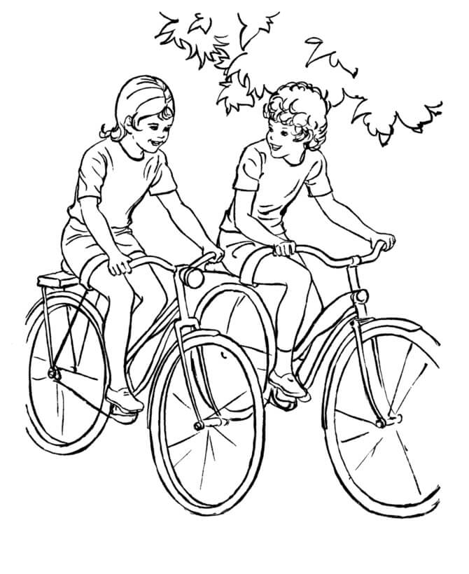 Dibujo de Ciclismo Chico y Chica en el Parque para Colorear