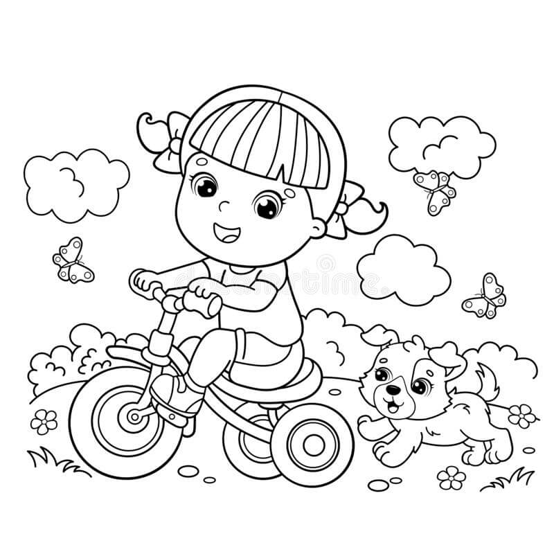 Dibujo de Ciclismo Nia y Perro para Colorear