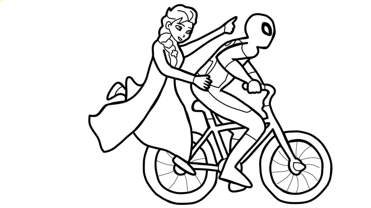 Dibujo de Elsa y el Hombre Araa en Bicicleta para Colorear