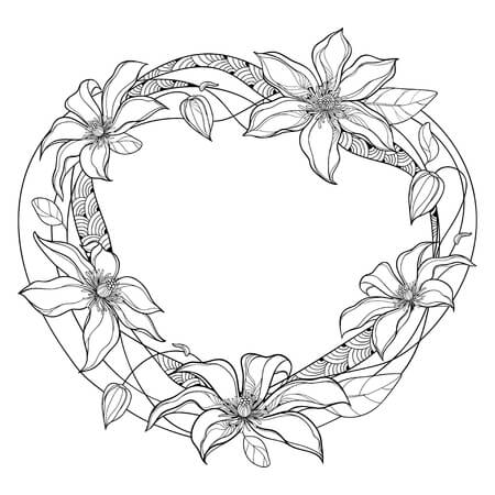 Dibujo de Marco Redondo con Flor y Hoja de Clematis para Colorear
