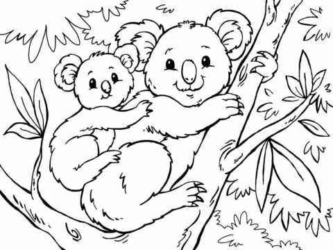 Dibujo de Madre Koala con bebé Koala en el árbol para Colorear