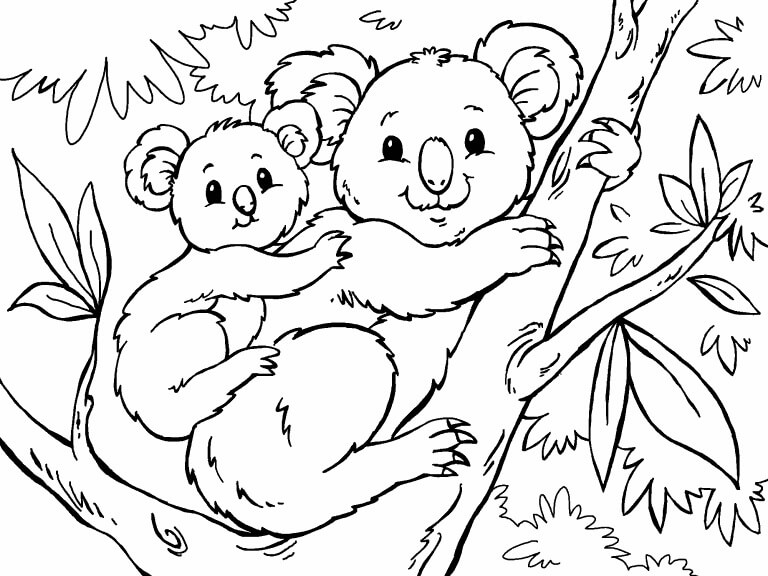 Dibujo de Madre Koala con bebé Koala en el árbol para Colorear