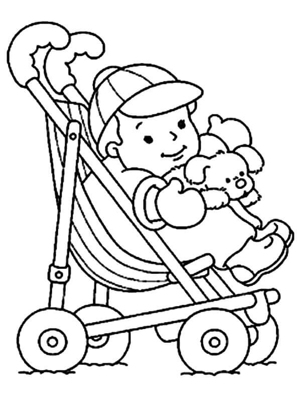 Dibujo de Bebé Chico en Cochecito para Colorear