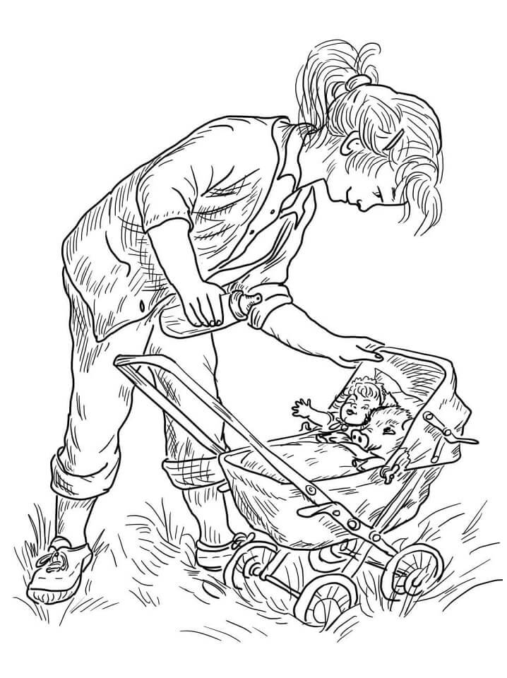 Dibujo de Cochecito niña y bebé para Colorear