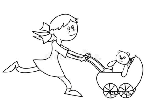 Dibujo de Niña y Cochecito con Osito de Peluche para Colorear