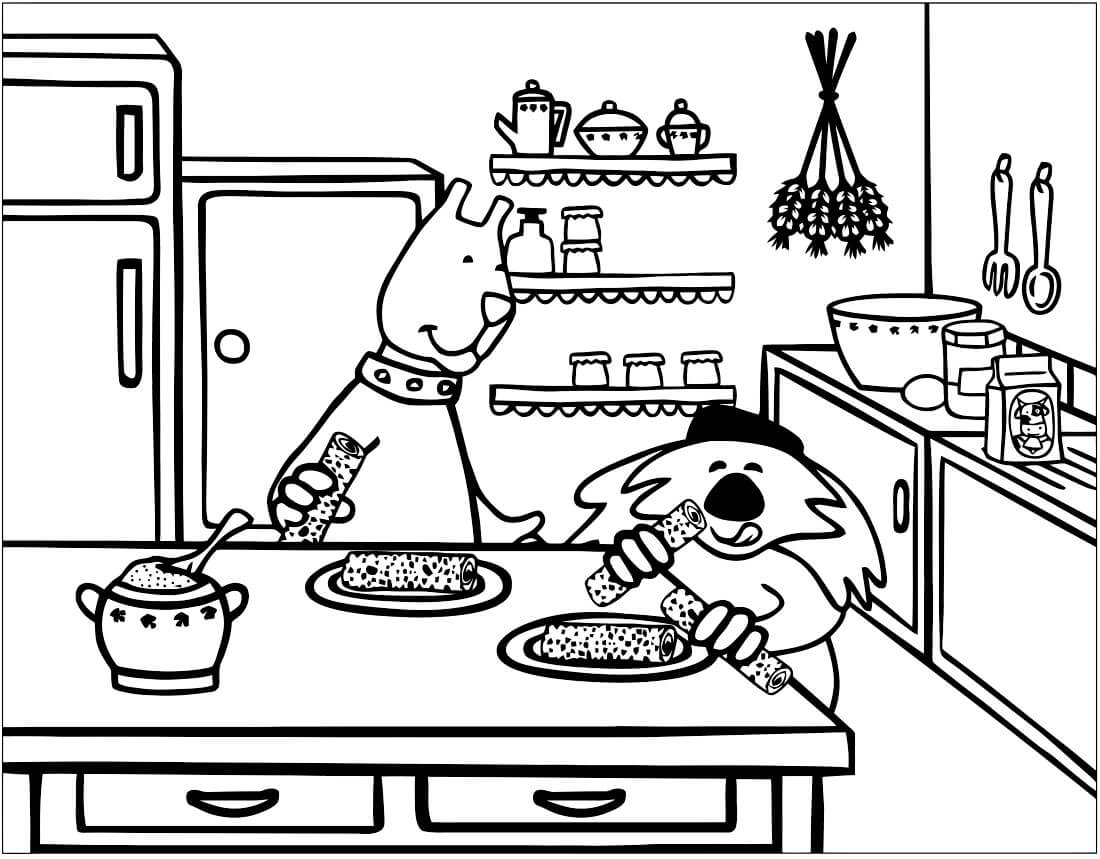 Dibujo de Animales Comiendo en la Cocina para Colorear