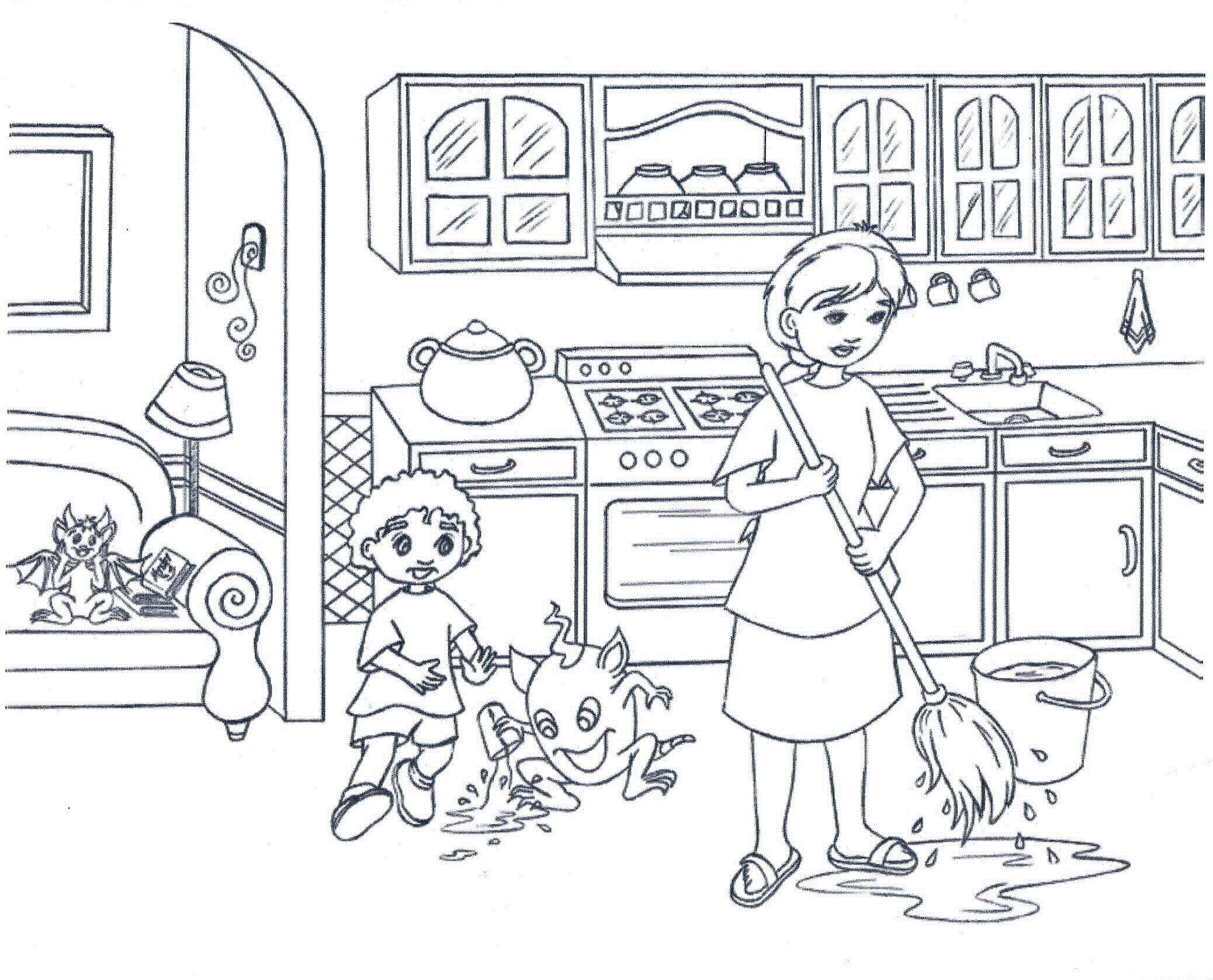 Dibujo de Dos niños y la Bestia en la Cocina para Colorear