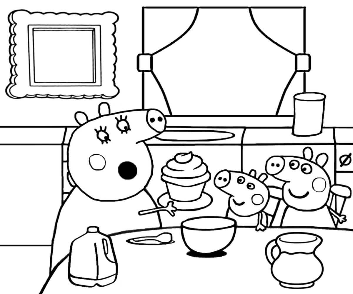 Dibujo de Familia Peppa Pig en la Cocina para Colorear