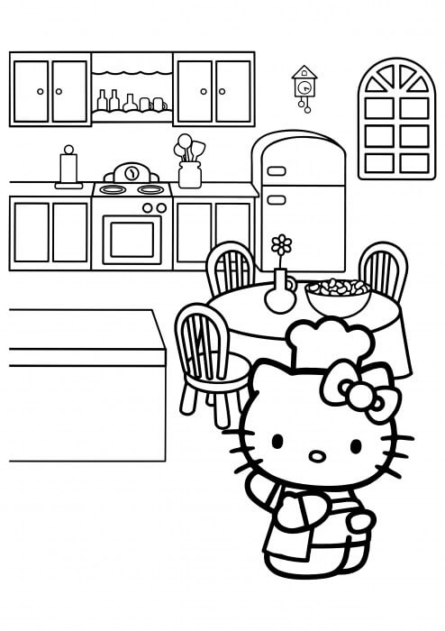 Dibujo de Gatito Chef en la Cocina para Colorear