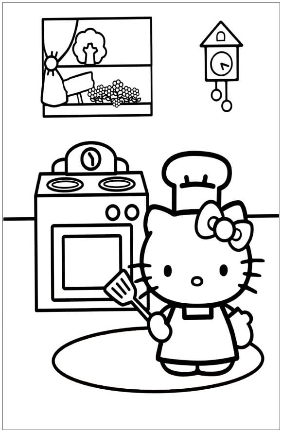 Dibujo de Hello Kitty Cocinando en la Cocina para Colorear