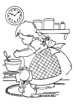 Dibujo de Niña Cocinando y Perro en la Cocina para Colorear