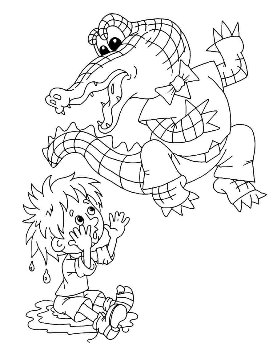 Dibujo de Cocodrilo de Dibujos Animados y niño para Colorear