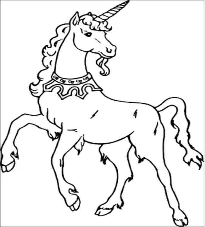 Dibujo de Viejo Unicornio con Collar para Colorear