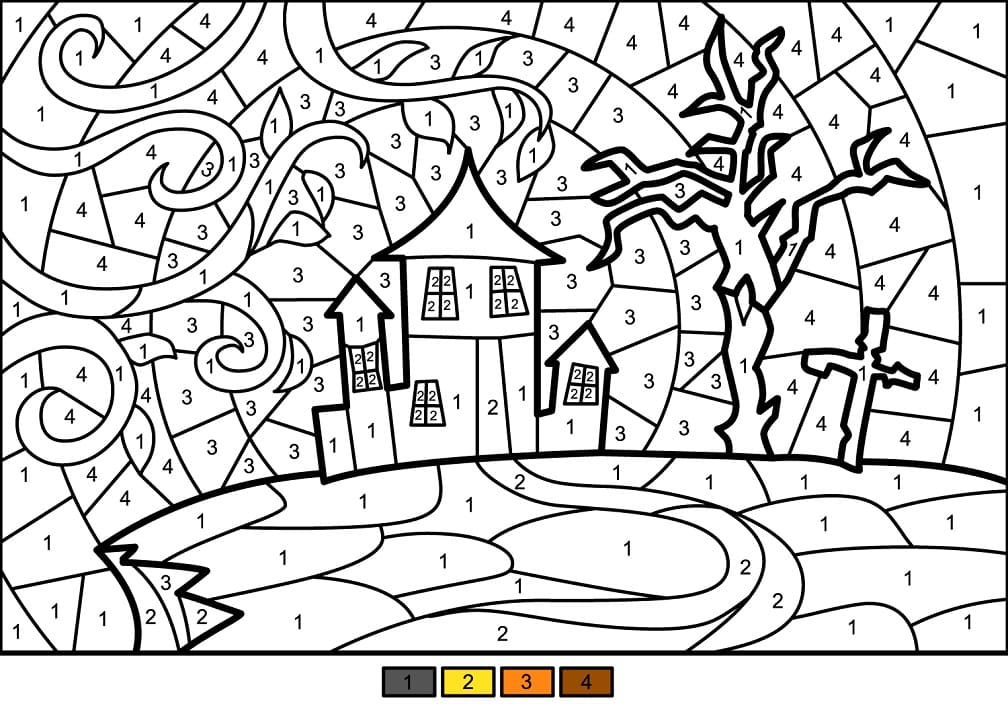 Dibujo de Casa Embrujada de Halloween Colorear por número para Colorear