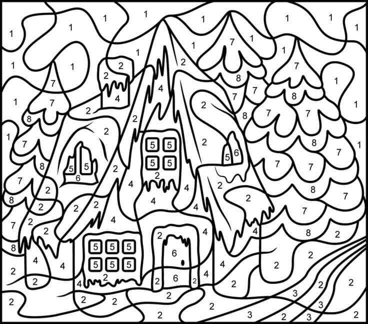 Dibujo de Casa de Navidad Colorear por número para Colorear