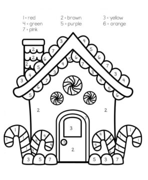 Dibujo de Hoja de Trabajo de Colorear por número de Casa de Pan de Jengibre para Colorear