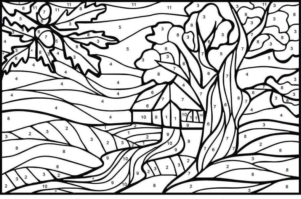Dibujo de Color del Rbol de Roble por Nmero para Colorear