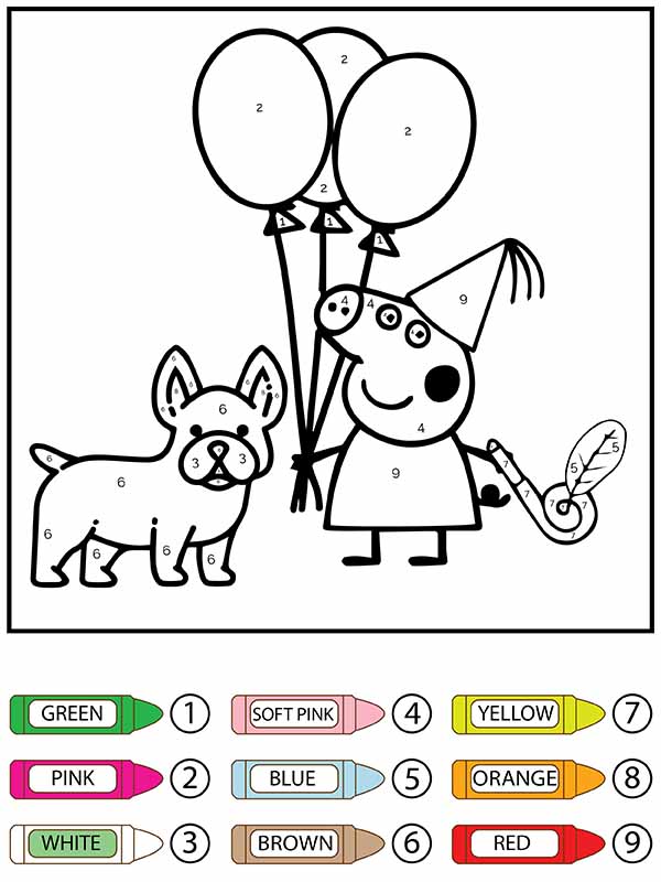 Dibujo de Cachorro y Peppa Pig Sosteniendo Globos Color por número página para Colorear