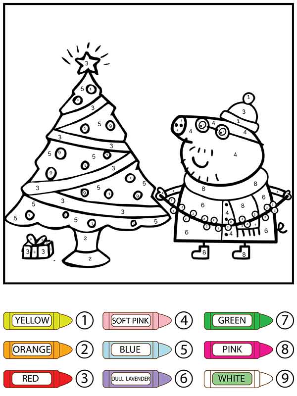 Dibujo de Colorear por números el árbol de Navidad y Peppa Pig página para Colorear