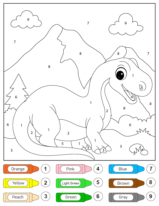 Dibujo de Colorear por números el Dino de Cuello Largo página para Colorear