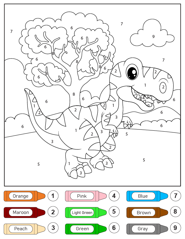 Dibujo de Colorear por números de Dinosaurio Lindo Emocionado para Colorear