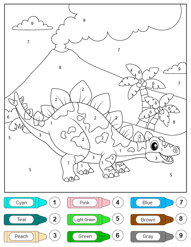 Dibujo de Colorear por números de Estegosaurio Feliz para Colorear