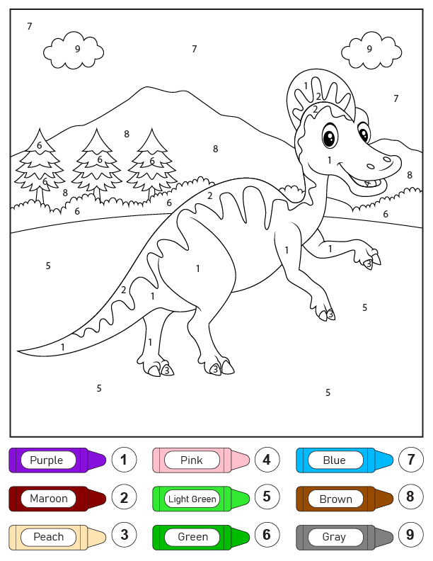 Dibujo de Dinosaurio Sonriente Color por número página para Colorear
