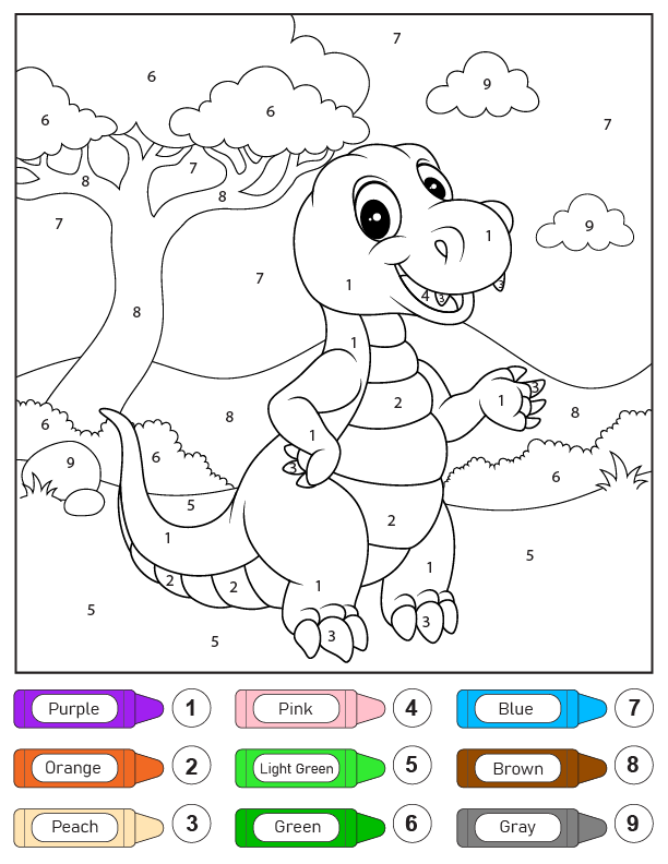 Dibujo de Lindo bebé Dino de Pie Color por número para Colorear página para Colorear