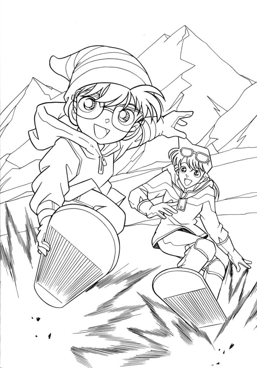 Dibujo de Conan Esquiando con Ran para Colorear