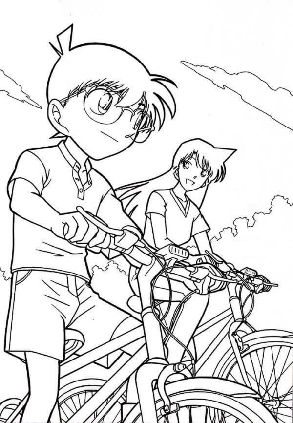 Dibujo de Conan Monta una Bicicleta con Ran para Colorear